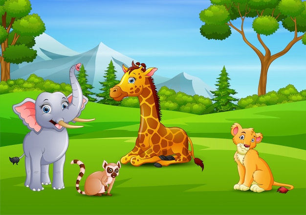 Premium Vector | Wild animals cartoon enjoying in the green field