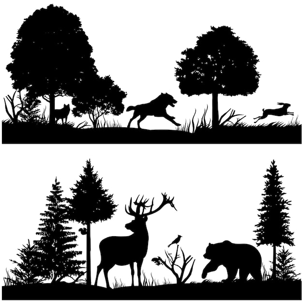 Wild animals silhouettes in green fir forest vector illustration Vector | Premium Download