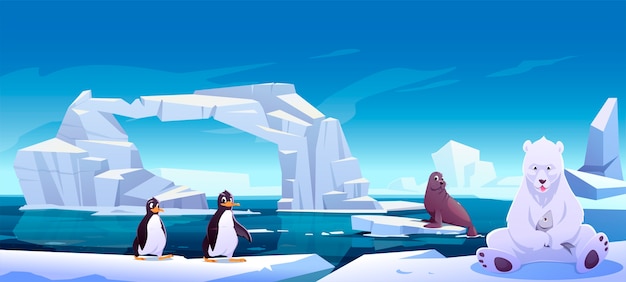 海の流氷の上に座っている野生動物 魚 ペンギン アザラシを保持している白いクマ 屋外エリア 海の南極または北極の住民 自然動物 漫画イラストの獣 無料のベクター