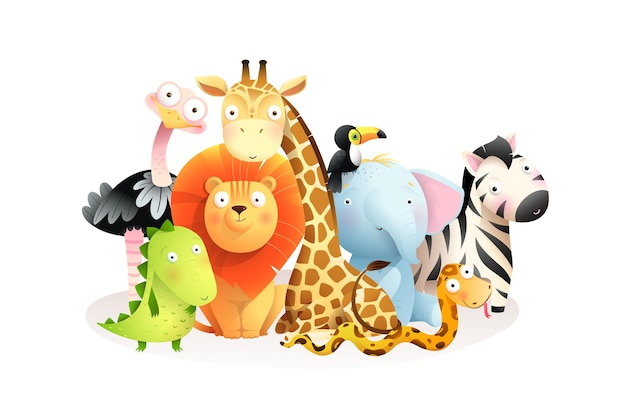 Premium Vector Wild Exotic African Baby Animals Group Isolated On White Background Cute Colorful Safari Animals Sitting Together Clip Art For Kids Cartoon In Watercolor Style