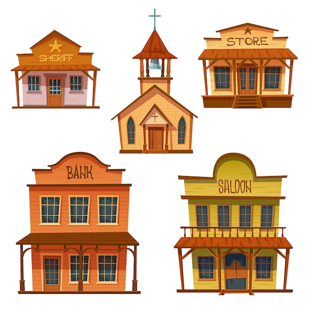 Wild west buildings set, cowboy style design. | Free Vector