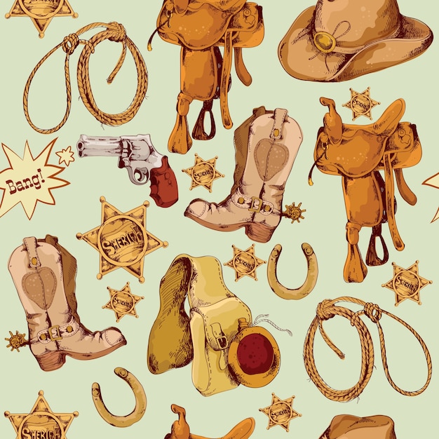 Wild west cowboy colored hand drawn seamless pattern with lasso horse saddle vector illustration Free Vector