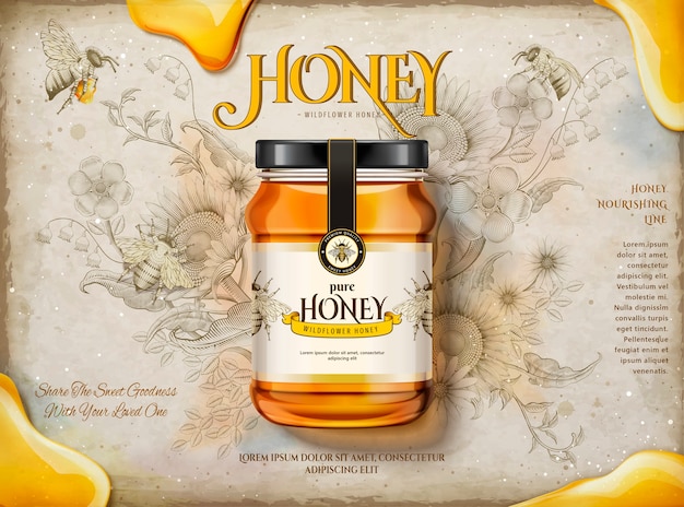 Wildflower honey ads, realistic glass jar with delcious honey in  illustration, retro flowers garden