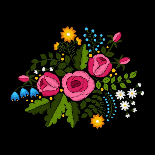 黒い背景に野の花とバラの刺繍 プレミアムベクター