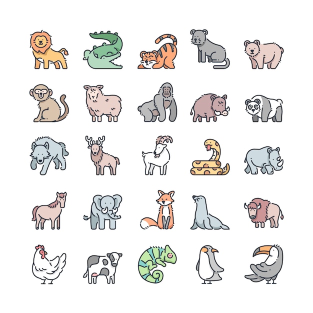 Wildlife outline color icons set Premium Vector