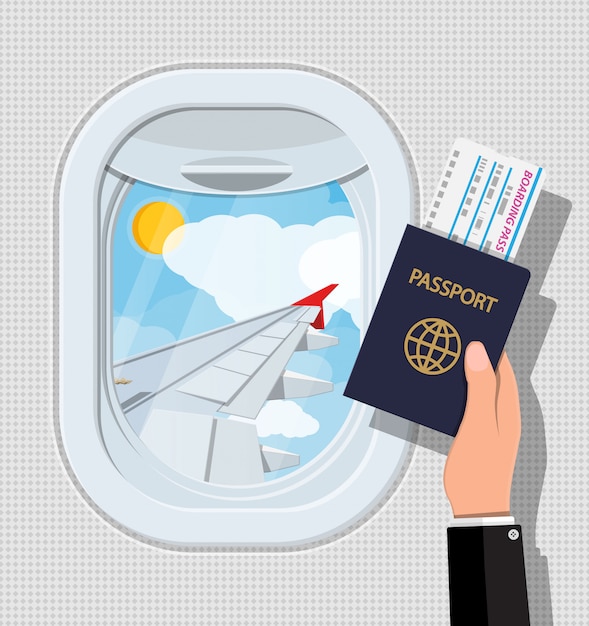 飛行機の中から窓 パスポートとチケットを手に 航空機の舷窓シャッターと翼 空の旅や休暇の概念 フラットスタイルのイラスト プレミアムベクター