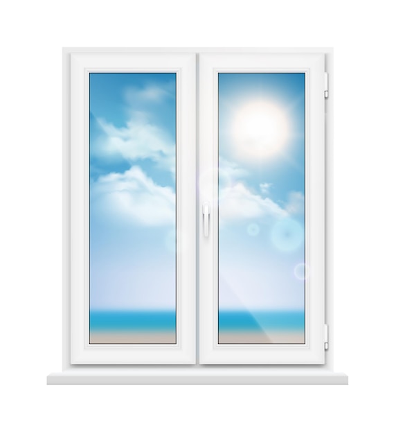 Premium Vector | Window with beach landscape on sunny day