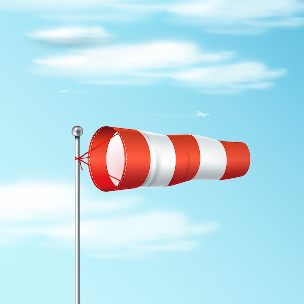 青い空に吹流し 風向と風速を示す赤と白の空港風旗 リアルなイラスト プレミアムベクター