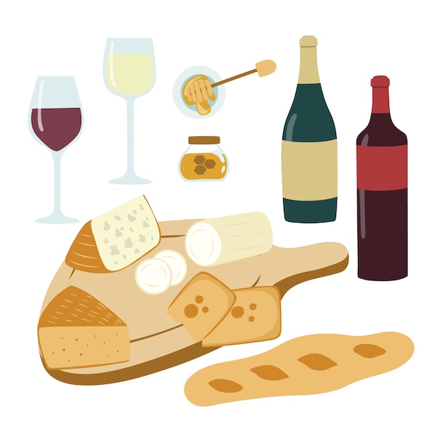 ワインとチーズ手描きのイラストセット プレミアムベクター