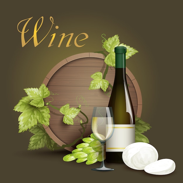 Wine bottle and oak barrel background