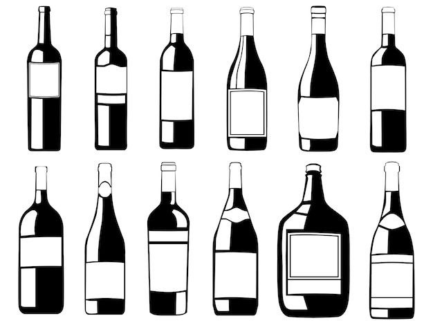 ワインボトルセット 黒と白のワイナリーボトルコレクション シャルドネ メルロー シャンパンのパッケージ アルコール飲料パックイラスト プレミアムベクター