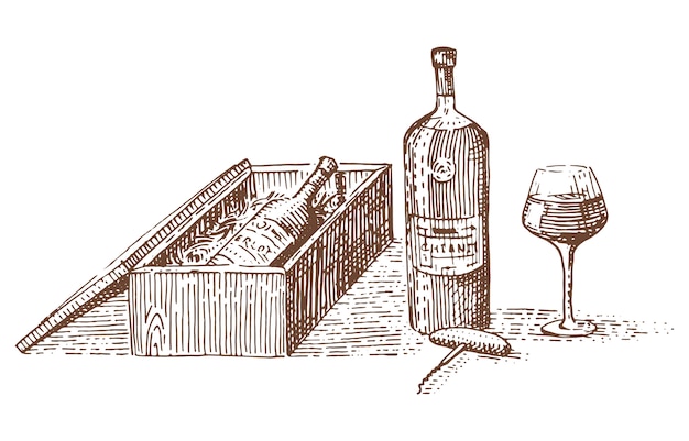 パッケージのワイン 古いスタイルで描かれたギフト刻印イラスト手描きのボックス プレミアムベクター