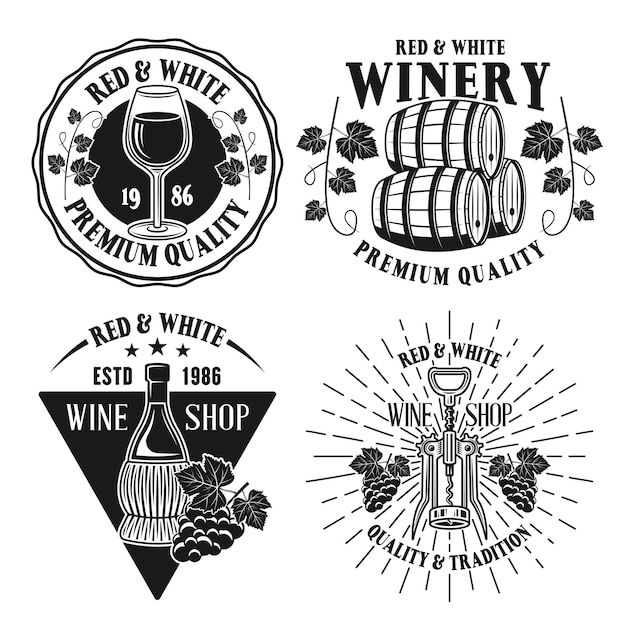 Premium Vector | Wine and winery set of four vector isolated black and ...