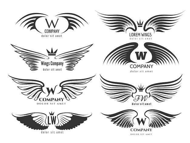 翼のロゴタイプセット 鳥の羽または白い背景で隔離の翼のロゴデザイン ビジネスのロゴのイラストの翼の鳥や天使のペア 無料のベクター