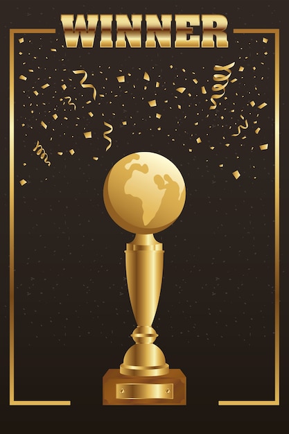 Premium Vector | Winner trophy earth planet golden with confetti