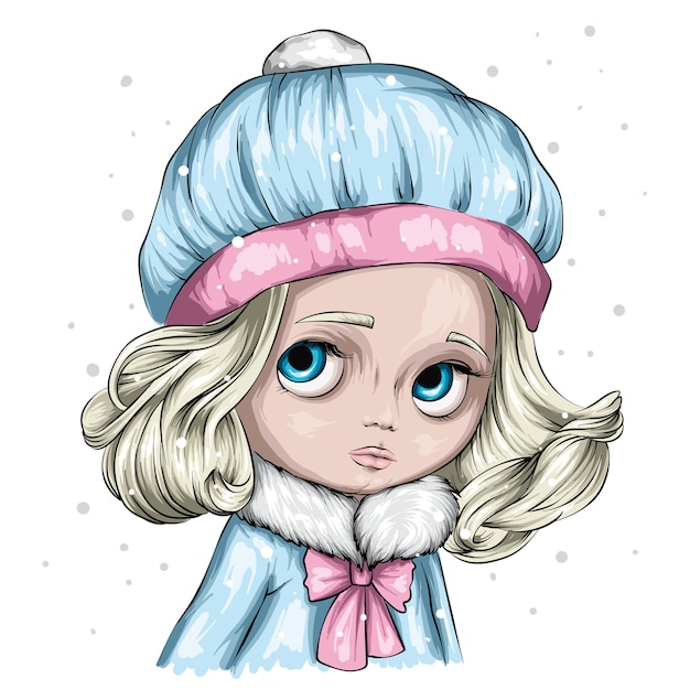 プレミアムベクター 冬とクリスマスのイラスト スタイリッシュな冬の帽子とセーターでかわいい女の子