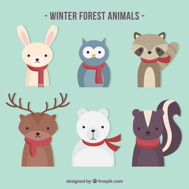 Winter animal collection in flat style