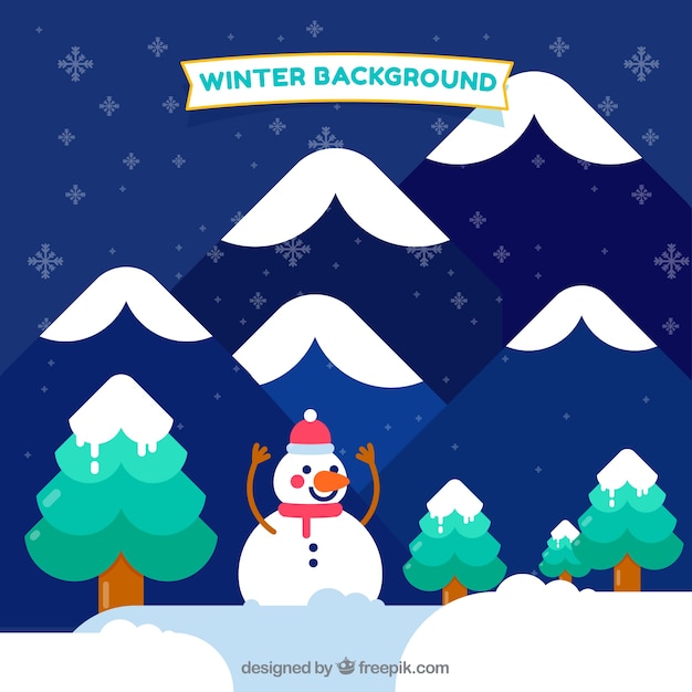 Winter background with a snowman and mountains