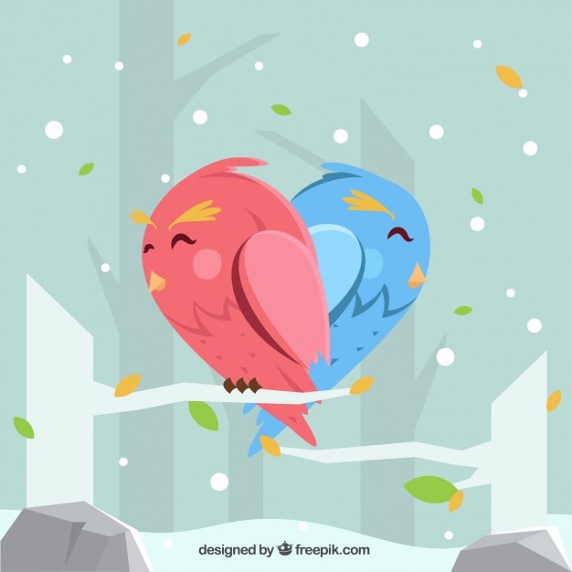 Winter background with cute birds forming a\
heart