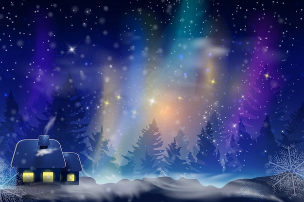 雪が降る冬の青い空 満月のある冬景色の雪 クリスマスと新年のお祝い冬の背景 プレミアムベクター