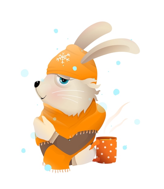 ニット帽とスカーフを身に着けている熱いお茶を飲む冬のウサギまたはウサギ 子供のための冬の服のイラスト 水彩風の漫画のロマンチックなかわいい動物 プレミアムベクター