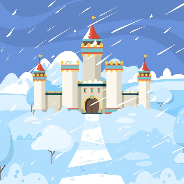 Premium Vector Winter Castle Fairytale Frozen Building Kingdom Medieval Snow Magic Landscape Background