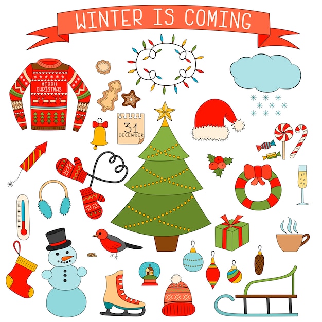 Premium Vector Winter And Christmas Icons Set Hand Drawn Elements