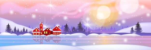 雪 休日の赤い家の木 森のシルエット 湖と冬のクリスマスの風景イラスト プレミアムベクター