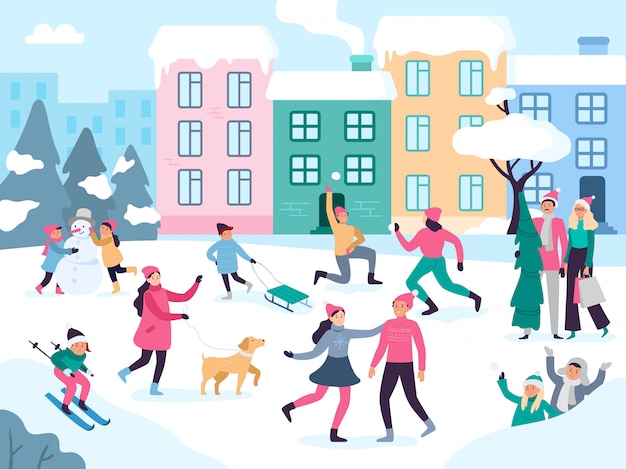 プレミアムベクター 冬の都市活動 雪屋外歩行者 家族の休日の楽しさと都市のイベントベクトルイラスト