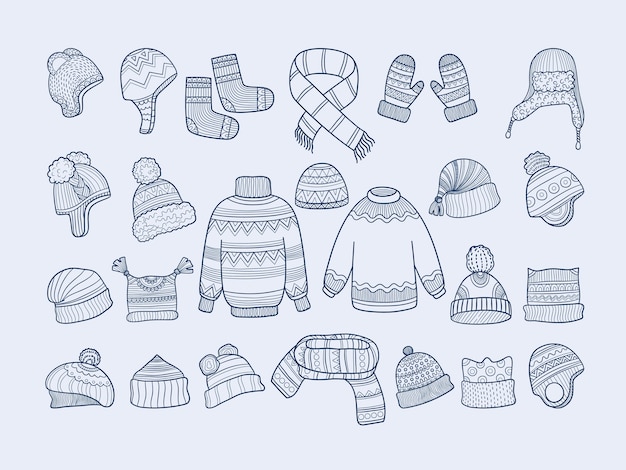 冬服 クリスマスファッションハットミトンソックスセータースカーフコレクション 靴下の服 ミトン 帽子のイラスト プレミアムベクター