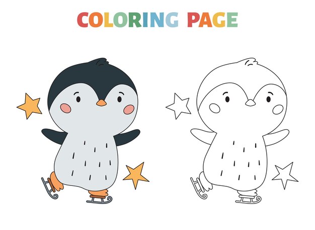 Premium Vector | Winter coloring page with penguin and ice skates