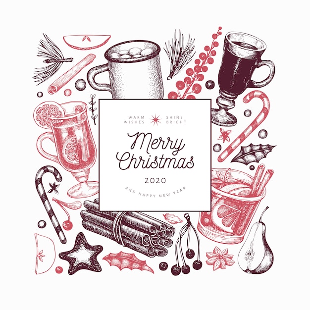 プレミアムベクター 冬の飲み物テンプレート 手描きの刻まれたスタイルのグリューワイン ホットチョコレート スパイスのイラスト ビンテージ クリスマス背景