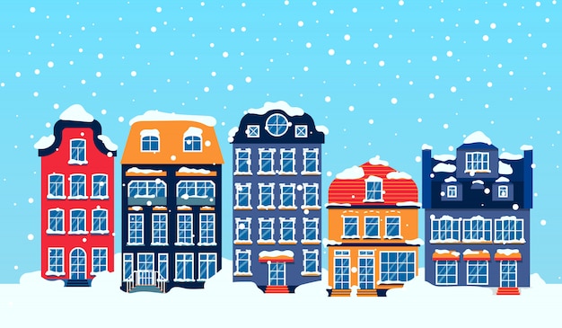 冬のヨーロッパの雪に覆われた通りの家の空フラット漫画カード メリークリスマスと新年あけましておめでとうございます建物のパノラマ水平バナー クリスマス休暇都市景観 プレミアムベクター