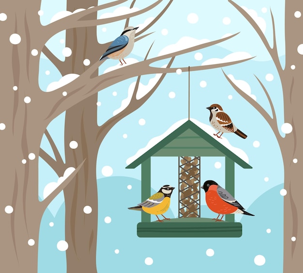 冬のフィーダー 雪の森 木のポスターに鳥の餌 自然に野生動物を養う フラットウソチカディーロビンベクトルイラスト バードウォッチングと巣箱 餌場 プレミアムベクター