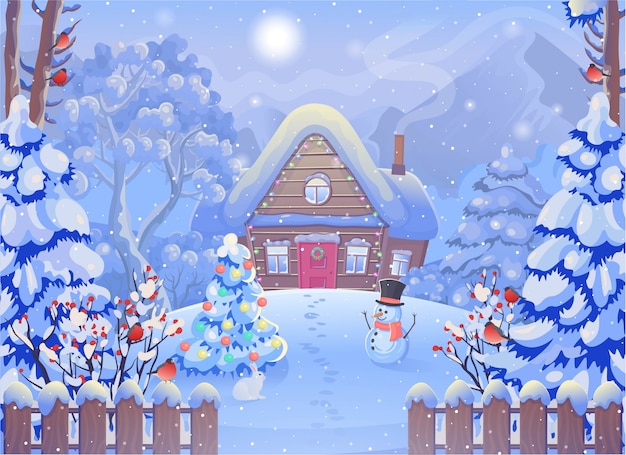 木造住宅 山 雪だるま フェンス クリスマスツリー ウサギ ウソ 太陽と冬の霧の森の風景 ベクトル漫画のスタイルのイラストを描きます クリスマスカード プレミアムベクター