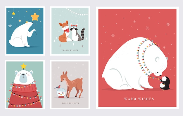 冬の森の動物 メリークリスマスのグリーティングカード かわいいクマ 鳥 バニー 鹿 ネズミ ペンギンのポスター プレミアムベクター