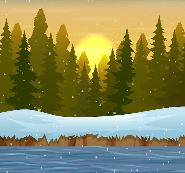 Download A winter forest landscape at sunset | Premium Vector