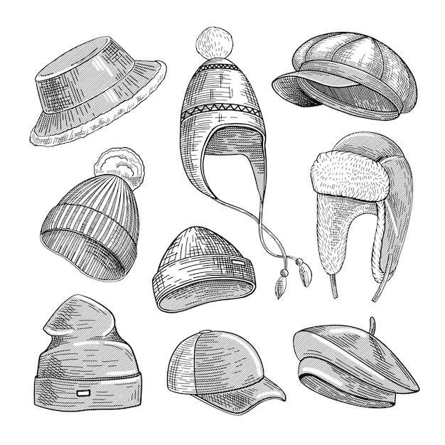 Premium Vector Winter Hats Engraved Illustrations Set