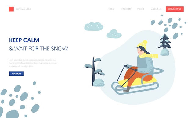 冬休みのランディングページテンプレート ウェブサイトまたはウェブページのために雪山でそり滑りをする女性キャラクター 簡単な編集 ベクトルイラスト プレミアムベクター