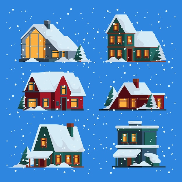 冬の家 雪の帽子のベクトル色の平らなイラストとクリスマスのかわいい木造の建物のコテージ 木造の建物の冬 クリスマスの屋根の田園地帯 プレミアムベクター