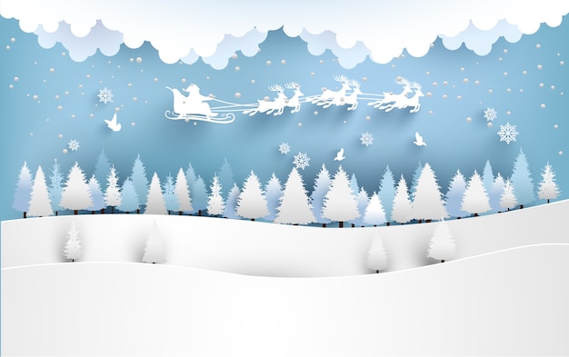 冬のイラスト サンタクロースは松林と雪の多い丘を通って錆びて飛びます ペーパーアートデザイン プレミアムベクター