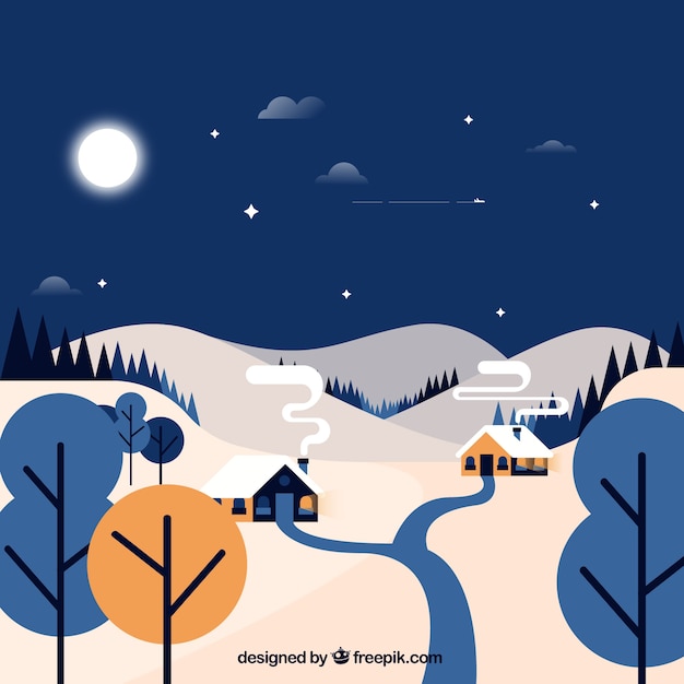 Winter landscape background with cozy houses