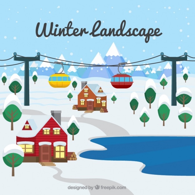 Winter landscape background with houses and
cable car