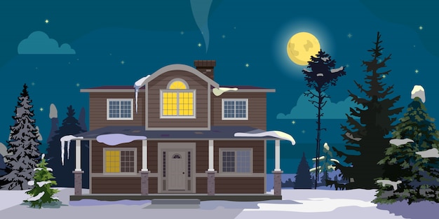 Premium Vector | Winter landscape with big house and forest. night with ...