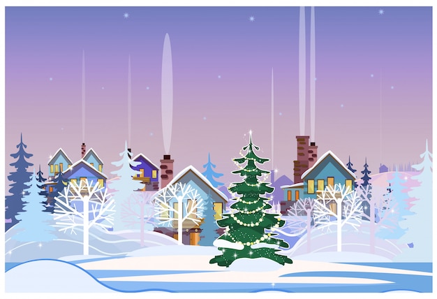 Winter Landscape With Cottages And Decorated Fir Tree Free Vector