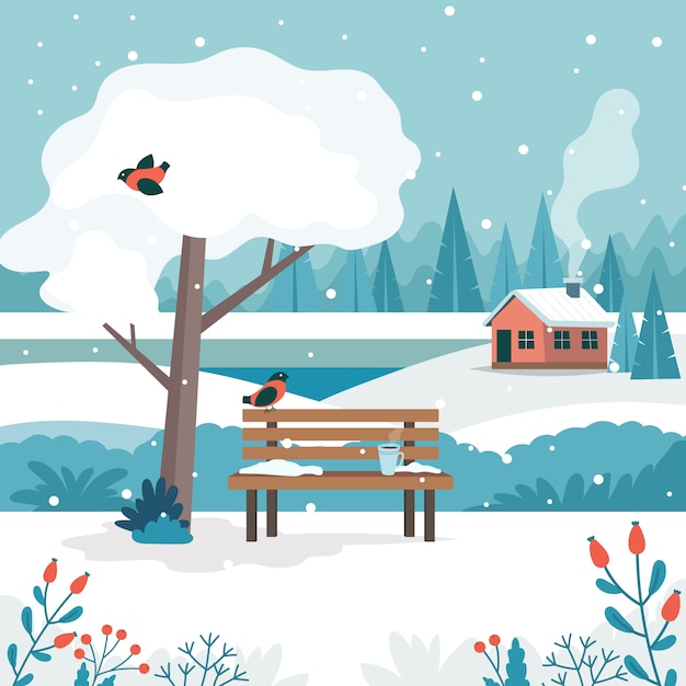 かわいいベンチのある冬景色 プレミアムベクター