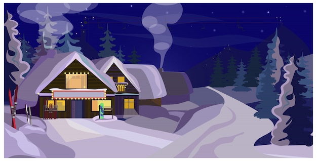 無料のベクター ゲストハウスの冬の風景イラスト