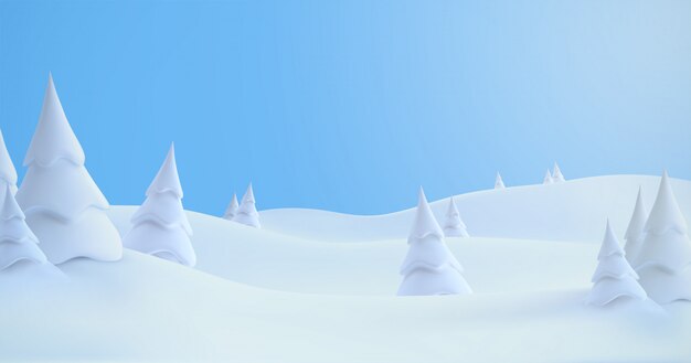 吹きだまりと雪に覆われたモミの木のある冬景色 3 Dイラスト 季節の自然の背景 プレミアムベクター