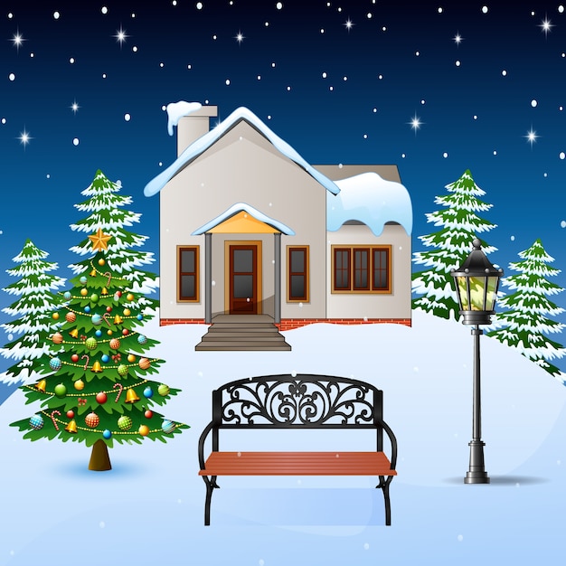 Download Winter landscape with snowy house and snow covered rocks | Premium Vector