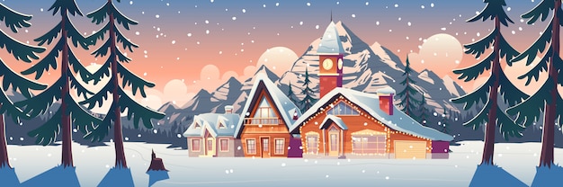 家やシャレーのイラストと冬の山の風景 無料のベクター